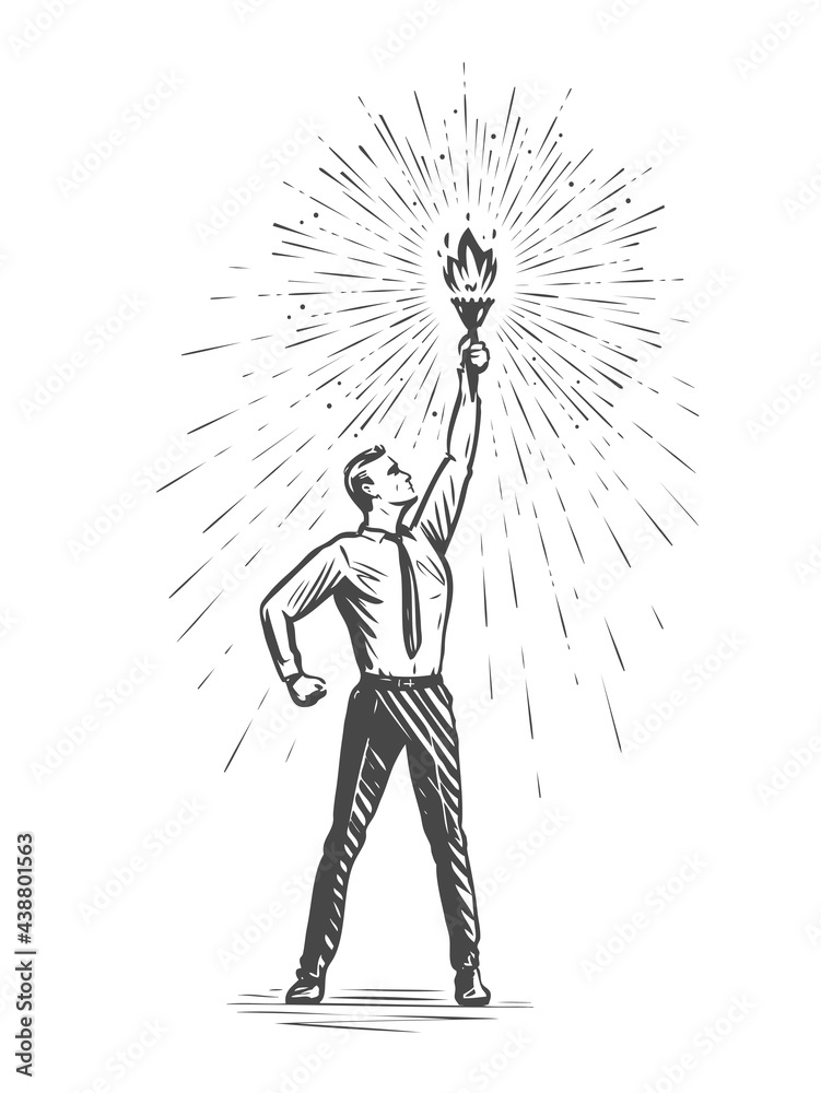 Obraz premium Businessman with burning torch in search of targets and new opportunities. Business concept sketch vector illustration