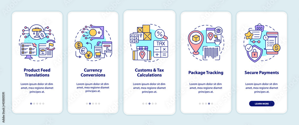 International marketplaces services onboarding mobile app page screen. Package track walkthrough 5 steps graphic instructions with concepts. UI, UX, GUI vector template with linear color illustrations