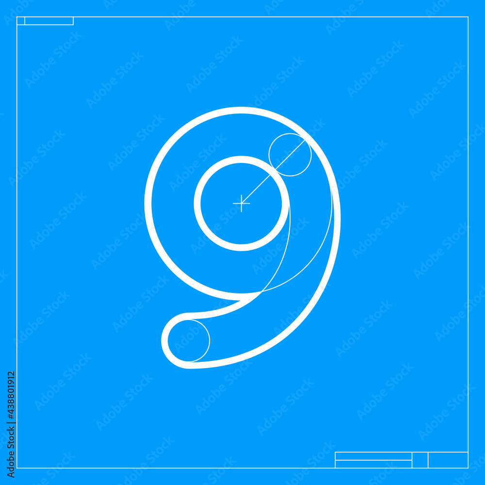 Blueprint sketch number nine logo with construction lines. Blueprint sketch number nine logo with construction lines.