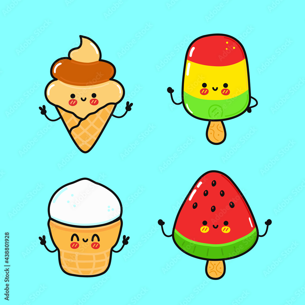 Fototapeta premium Funny cute happy Ice cream characters bundle set. Vector kawaii line cartoon style illustration. Cute Ice cream mascot character collection