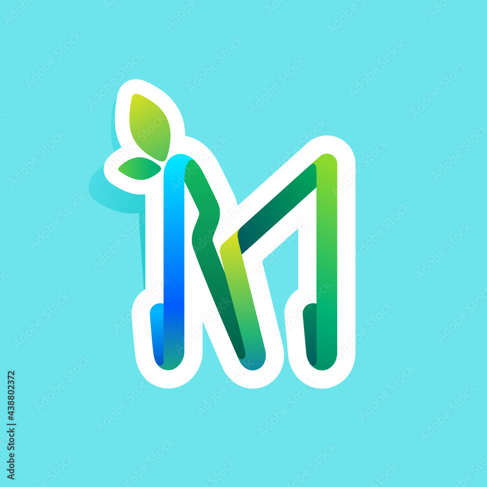 M letter flow line eco logo with green leaves. M letter flow line eco logo with green leaves.
