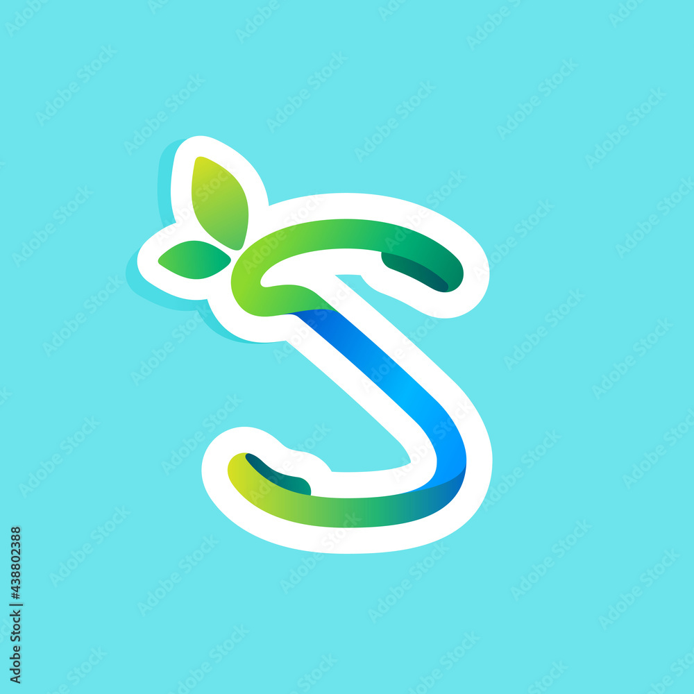 Fototapeta premium S letter flow line eco logo with green leaves.