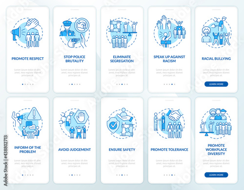 Fight racial intolerance onboarding mobile app page screens set. Support equality walkthrough 5 steps graphic instructions with concepts. UI, UX, GUI vector template with linear color illustrations