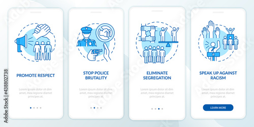 Confronting racism onboarding mobile app page screen. Stop officer brutality walkthrough 4 steps graphic instructions with concepts. UI, UX, GUI vector template with linear color illustrations