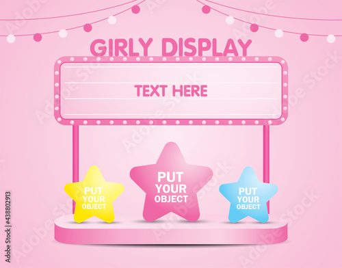 Pink lightbulb signage for putting your text with display step 3d illustration vector for putting your object on sweet pastel pink background