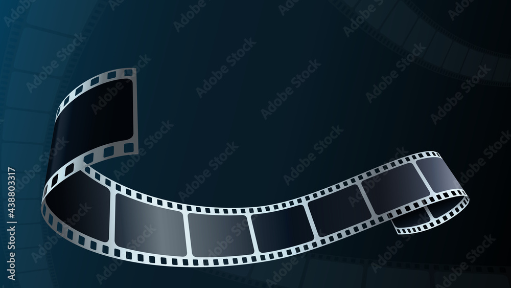 Modern cinema background with film strip. Realistic 3d film strip in perspective. 3D isometric film strip. Movie and cinema design for festival poster. Template for festival modern cinema with space.
