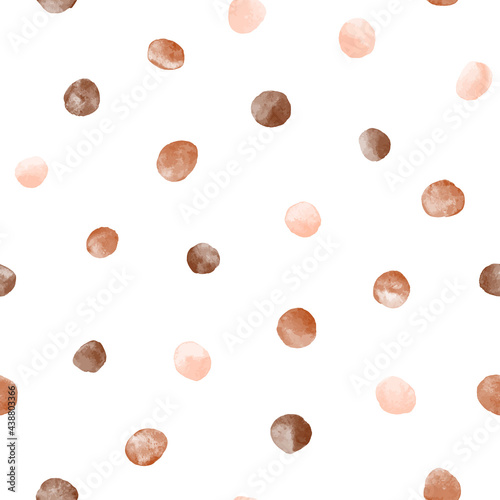 Beige, coffee, light brown vector watercolor round spots, polka dots seamless repeat vector pattern. Watercolour uneven blobs, smears, circle shape brush strokes. Hand drawn painted dotty background.