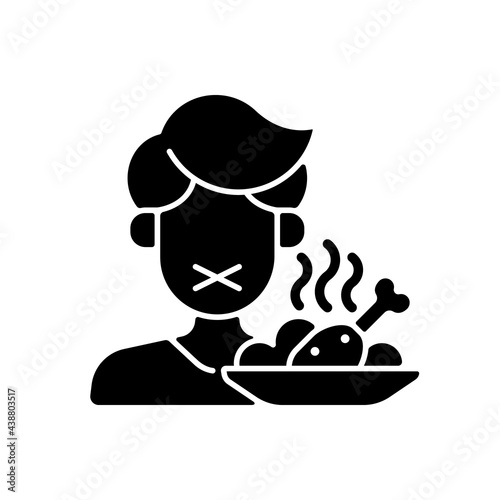 Loss of appetite black glyph icon. Restriction in food for diet. Symptom of heatstroke. Anorexia sign, lack of hunger. Man refuses meal. Silhouette symbol on white space. Vector isolated illustration