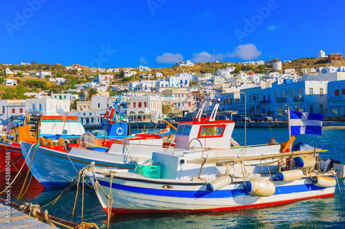 Colorful wooden fishing boats on row  Mykonos island old port Greece Cyclades