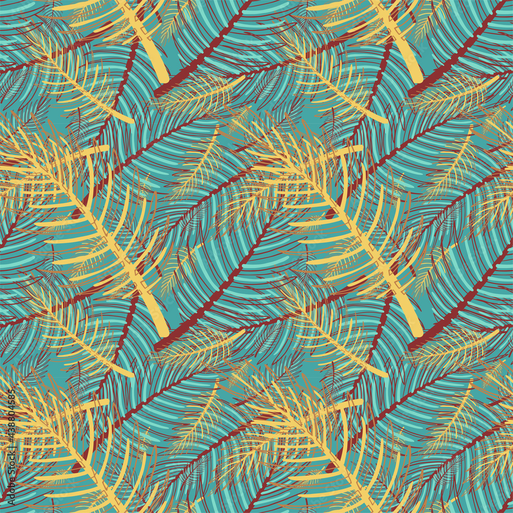 Palm leaves. Tropical seamless background pattern. Graphic design with colorful palm leaves of different sizes and colours suitable for fabrics, packaging, covers, posters, backgrounds