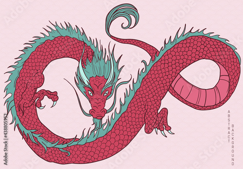hand drawn japanese vector dragon in pink and green colours