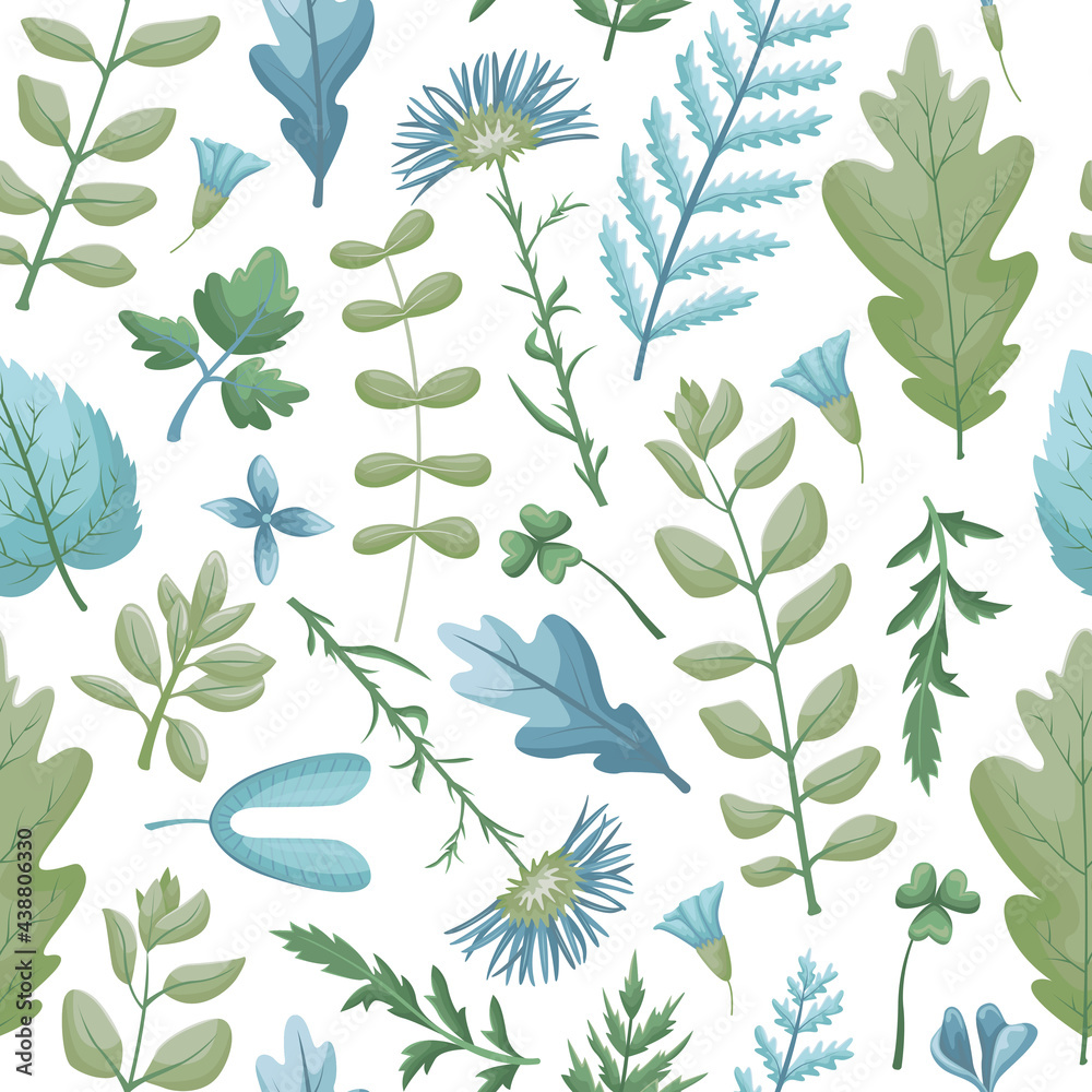 Naklejka premium The floral seamless pattern with leaves and flowers. Vector botanical background. Herbarium