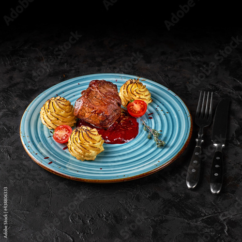 Grilled steak with honey glazed. Beef minion with Duchess potatoes.