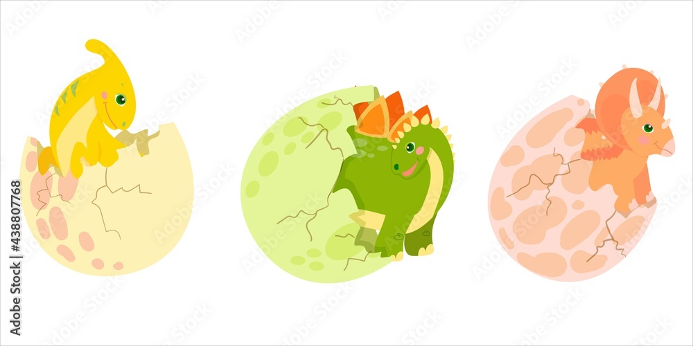 Set Dinosaur egg. Cute prehistoric animal. Little dinosaur's birthday. Bright children's print. Vector illustration on a white background