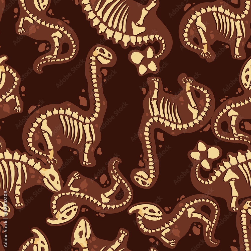 Fototapeta premium Dinosaur skeleton in cartoon style. The bones of a prehistoric animal underground. Archeology. Vector illustration isolated on white background.