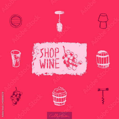 Wine industry icons set. Winemaking hand drawn illustrations for winery symbol, wine shop, alcohol store, vector logo templates, biodynamic wines, wine bar sign. Wine cork, octave, grape, stopper.