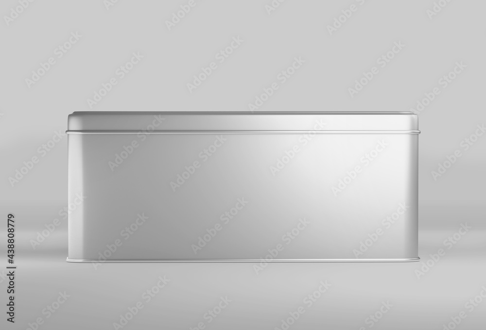 Fototapeta premium White Rectangular Metal box, blank aluminium can container with lid, 3d rendered isolated on light background