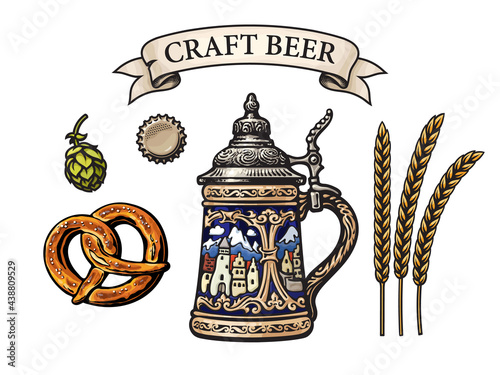 German stein beer mug, Bavarian pretzel, hop cone, bottle cap, barley ears, banner with text Craft Beer. Vector.
