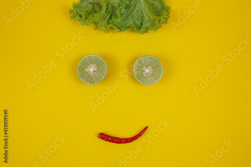 vegetable on yellow background. flat lay.