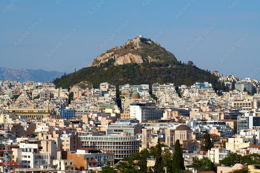 ATHENS,GREECE-JUNE 7,2021:Mount Lycabettus is a chalk lime hill located in Athens at an altitude of 277 meters above sea level.