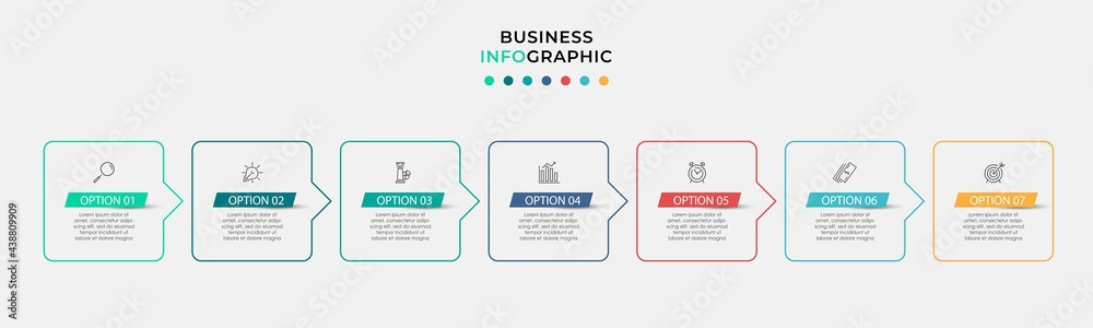 Vector Infographic design business template with icons and 7 options or steps. Can be used for process diagram, presentations, workflow layout, banner, flow chart, info graph Vector Infographic design business template with icons and 7 options or steps. Can be used for process diagram, presentations, workflow layout, banner, flow chart, info graph