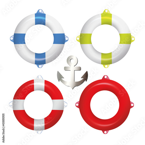 Set of isolated lifebuoy or swimming ring with anchor. 3d colorful stripped flat icon or logo template isolated on background. Isometric vector illustration.