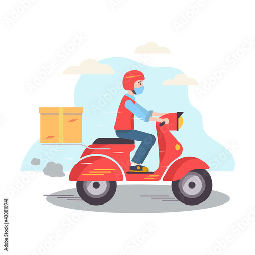 A man rides a red scooter Delivery service. With a background of sky and clouds. Vector illustration.