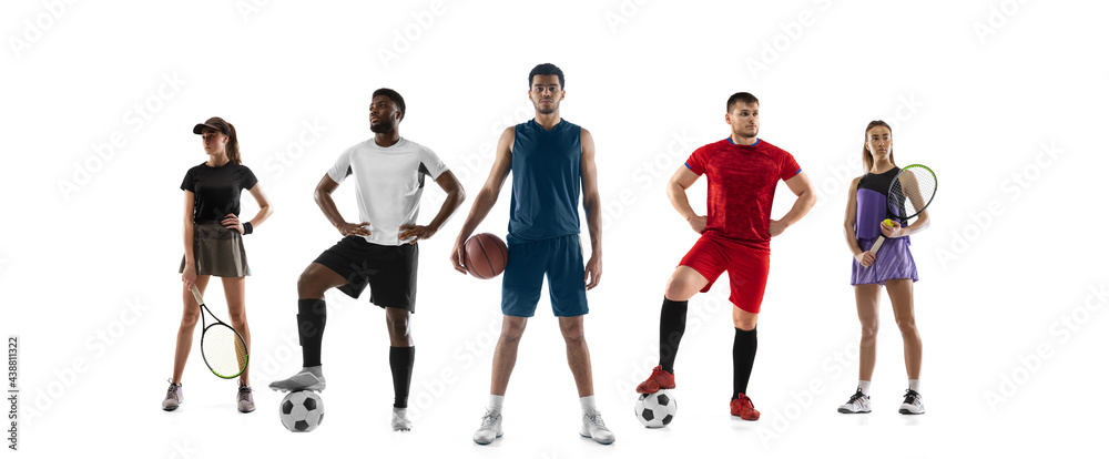 Obraz premium Sport collage. Tennis, soccer football, basketball players posing isolated on white studio background.
