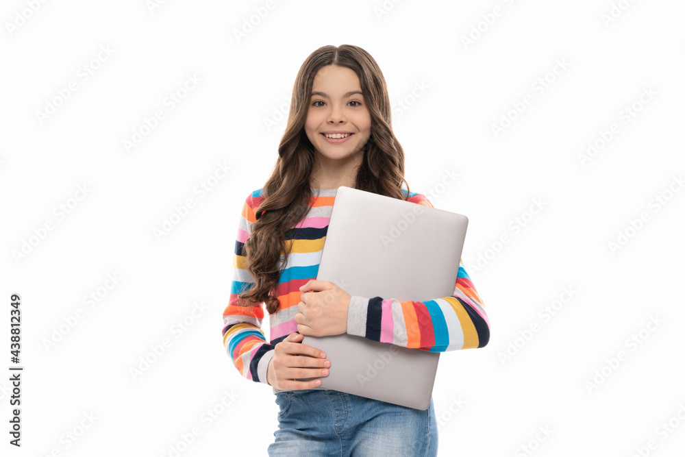 school blogger hold computer. kid ready for lesson isolated on white. girl use laptop school blogger hold computer. kid ready for lesson isolated on white. girl use laptop