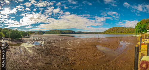 Panorama view of Hawkesbury River oyster farms Sydney Australia