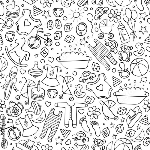 Baby doodles seamless pattern. Kids hand drawn icons on white background. Vector illustration.