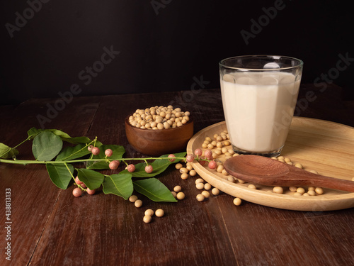 Organic soybean and soy milk on wooden table background, high protein and amino acid.