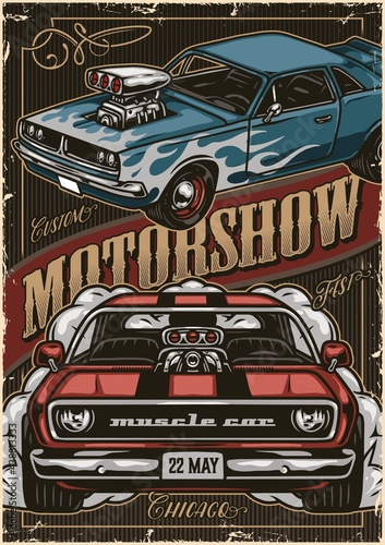 Custom cars motorshow vintage colorful poster