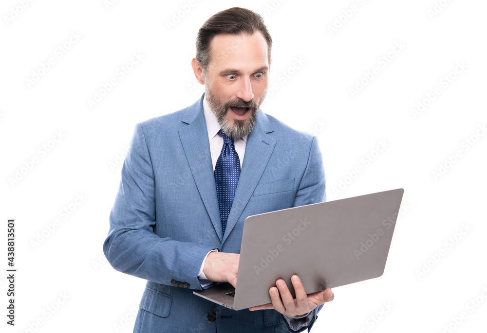 amazed mature grizzled boss use modern wireless laptop work online isolated on white, reply email amazed mature grizzled boss use modern wireless laptop work online isolated on white, reply email