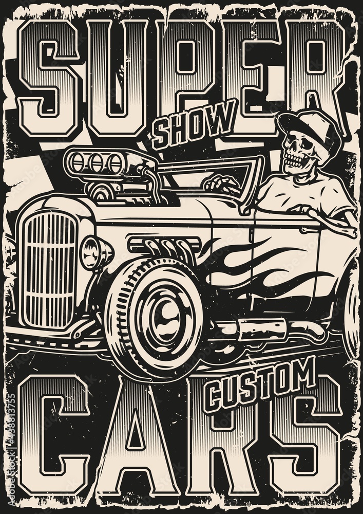 Custom cars show vintage monochrome poster