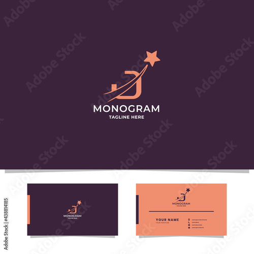 Simple and minimalist orange shooting star on letter J monogram initial logo in purple background with business card template photo