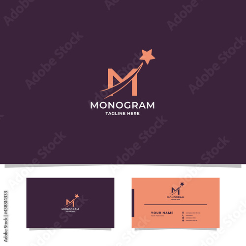 Simple and minimalist orange shooting star on letter M monogram initial logo in purple background with business card template