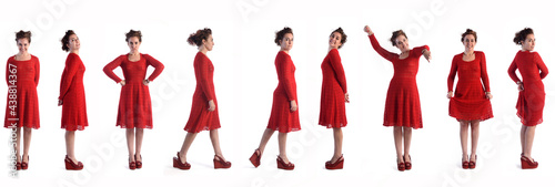 various poses of same woman with red dressed on white background