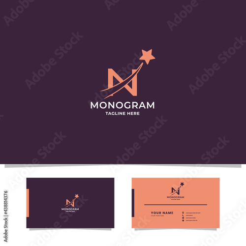Simple and minimalist orange shooting star on letter N monogram initial logo in purple background with business card template