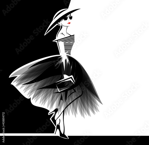 vector portrait of beautiful glamorous woman wearing stylish clothes - haute couture dress, fashionable high heels and wide brimmed hat with clutch bag