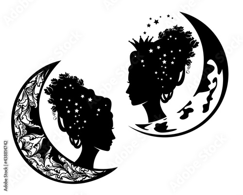 fantasy queen or princess with rose flowers in hair and crescent moon - night time fairy tale godmother black and white vector silhouette portrait