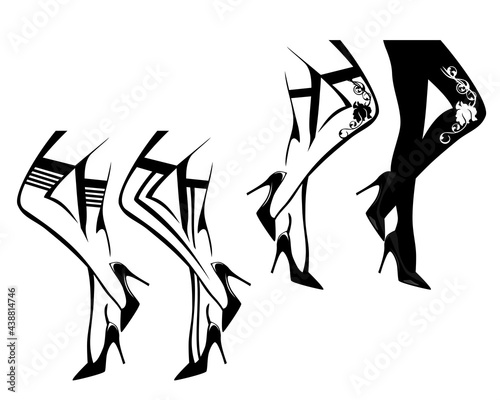 sexy woman legs wearing high heels stiletto shoes and stockings with rose flower - black and white vector silhouette and outline