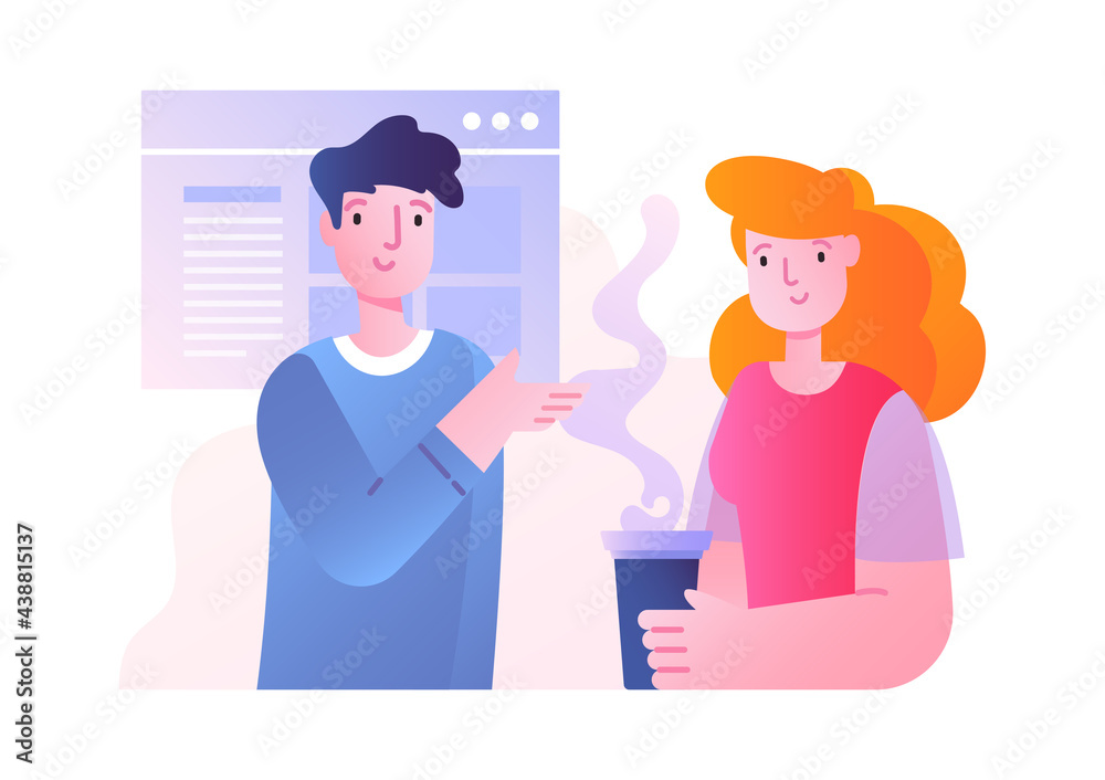Fototapeta premium Office scene with male and female characters talking on a break