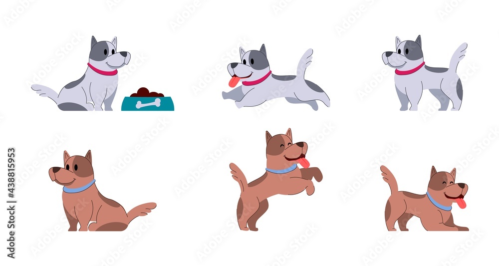 Dog adorable fummy animal. Set of cute puppy small friends. Domestic doggy character vector illustration.