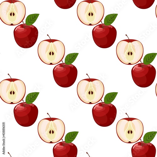 Seamless background with red apples and leaves. Vector illustration.