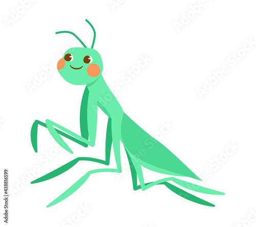 Cute green smiling grasshopper on white background