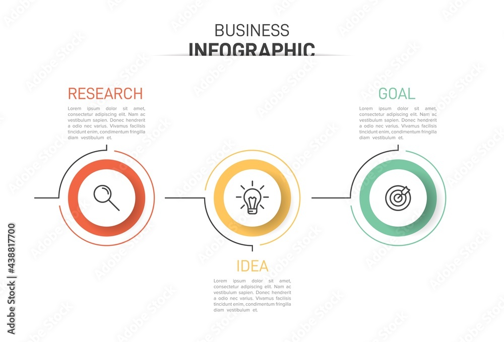 Concept of arrow business model with 3 successive steps. Three colorful graphic elements. Timeline design for brochure, presentation. Infographic design layout.