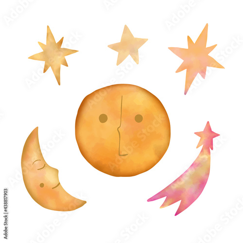 set of stars and moon isolated on white background. watercolour digital painting.