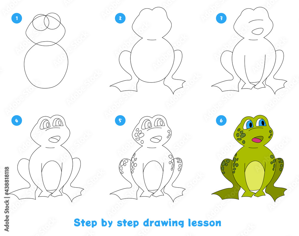 Children's game to develop drawing skills for preschool children. Create an  illustration step by step. Printed sheet for a children's school notebook.  Frog. Stock Vector