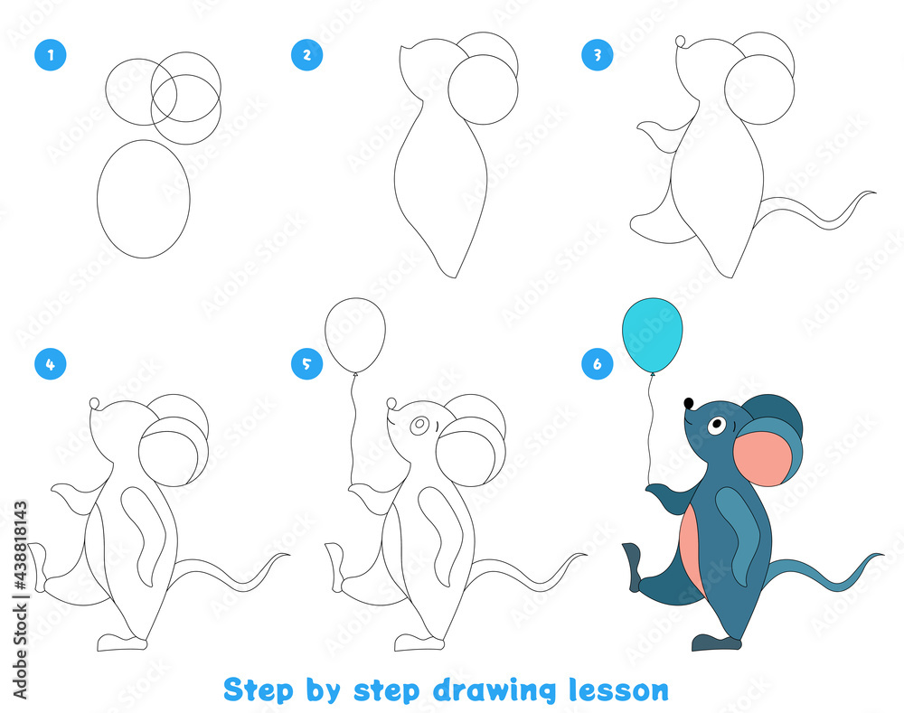 Children's game to develop drawing skills for preschool children. Create an illustration step by step. Printed sheet for a children's school notebook. Mouse. Children's game to develop drawing skills for preschool children. Create an illustration step by step. Printed sheet for a children's school notebook. Mouse.